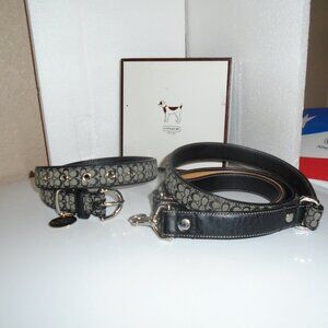 NEW COACH BLACK LEATHER GRAY JACQUARD SIGNATURE C DOG COLLAR LEASH SET 4003 SZ L